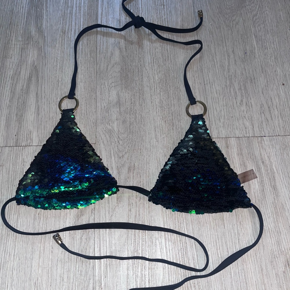 Ocean Mystery Black & Green Triangle Sequin String Bikini Top Small